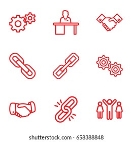 Cooperation icons set. set of 9 cooperation outline icons such as handshake, gear, man working at the table, chain