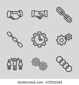 Cooperation icons set. set of 9 cooperation outline icons such as handshake, gear, chain, clock in gear