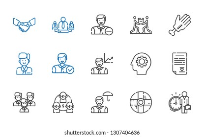 cooperation icons set. Collection of cooperation with employee, help, team, wedding contract, gear, hand, teamwork, handshake. Editable and scalable cooperation icons.