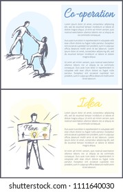 Co-operation and idea set of posters collection with text sample vector sketches with men helping to go upstairs to co-worker, project of plan in hands
