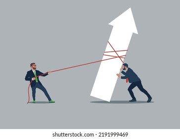 Cooperation To Improve And Raising Performance, Business Team Members Help Push Arrow Rising Up Graph. Teamwork Effort To Help Growing Business, Resistance Or Support For Business Growth.