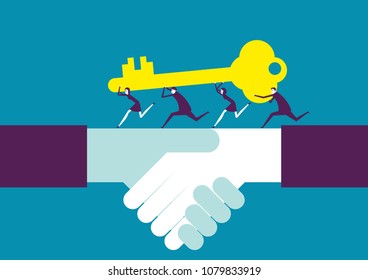 Cooperation. Industry people running with key. Vector illustration business teamwork concept.