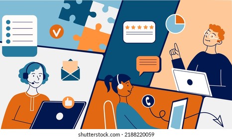 Cooperation, interaction of the company's employees. Manager, call center employee, programmer. The concept of teamwork of company employees, working with clients, management. Flat vector illustration