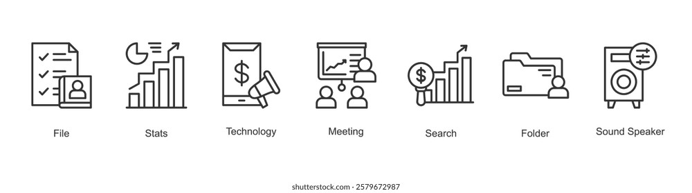 Cooperation Interaction Icon Meeting, File, Stats, Technology, Search, Folder, Sound Speaker