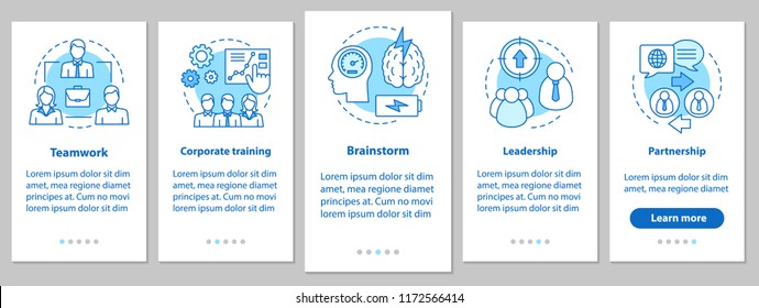 Cooperation and interaction onboarding mobile app page screen with linear concepts. Teamwork, corporate training, brainstorm, leadership, partnership steps instruction. UX, UI, GUI vector illustration