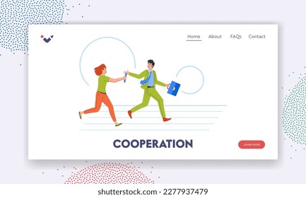 Cooperation Landing Page Template. Business Characters Running Relay Passing On The Baton. Competition, Teamwork