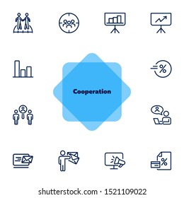Cooperation line icon set. Communication, graph, video call interview. Business concept. Can be used for topics like head hunting, collaboration, finding professional