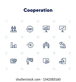 Cooperation line icon set. Communication, graph, video call interview. Business concept. Can be used for topics like head hunting, collaboration, finding professional