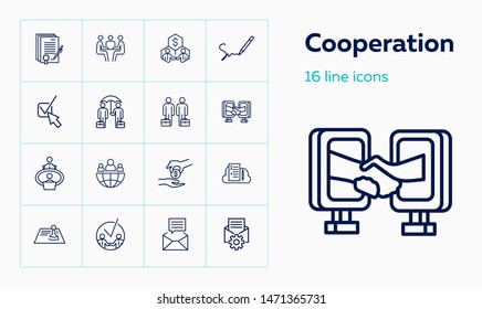 Cooperation line icon set. Partners, businessmen, letter, smartphone. Business concept. Can be used for topics like partnership, teamwork, online communication