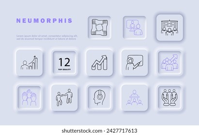 Cooperation line icon set. Unity, solidarity, cooperation, teamwork, community aid, mutual aid, helping hands. Neomorphism style. Vector line icon for business and advertising