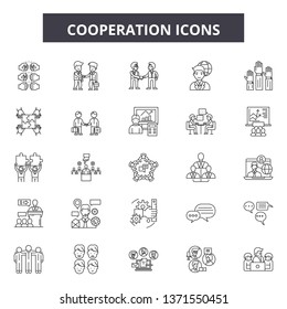 Cooperation line icons, signs set, vector. Cooperation outline concept, illustration: cooperation,business,partnership,people,team,meeting,success,teamwork