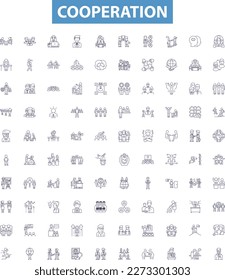 Cooperation line icons, signs set. Collaboration, Accord, Alliance, Union, Consensus, Compromise, Amity, Affinity, Truce outline vector illustrations.