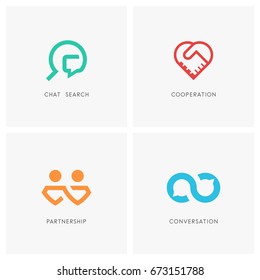 Cooperation logo set. Chat search, handshake, business partners, infinity conversation and heart symbol - partnership, teamwork, dialogue and love icons.