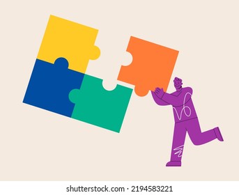 Cooperation. Man assemble Jigsaw. Business concept. Colorful vector illustration
