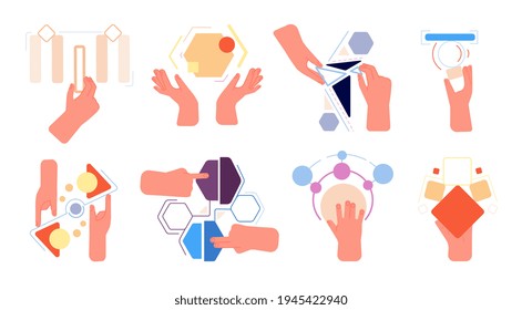 Cooperation metaphor. Hands collect abstract geometric shapes. Business solution, collaboration or teamwork. Creative analytics utter vector concept