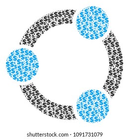 Cooperation mosaic of dollars and spheric points. Vector dollar currency signs are grouped into cooperation collage.