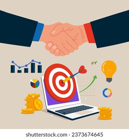 Cooperación en Internet. Conclusión de la transacción. La apertura de una startup. Ilustración vectorial plana