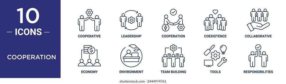 conjunto de iconos de esquema de cooperación incluye cooperativa de línea delgada, liderazgo, cooperación, coexistencia, colaboración, economía, iconos de medio ambiente para informe, presentación, diagrama, Diseño web