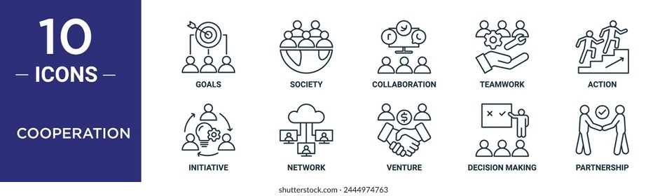 cooperation outline icon set includes thin line goals, society, collaboration, teamwork, action, initiative, network icons for report, presentation, diagram, web design