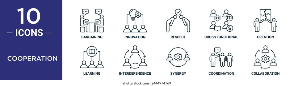 cooperation outline icon set includes thin line bargaining, innovation, respect, cross functional, creation, learning, interdependence icons for report, presentation, diagram, web design