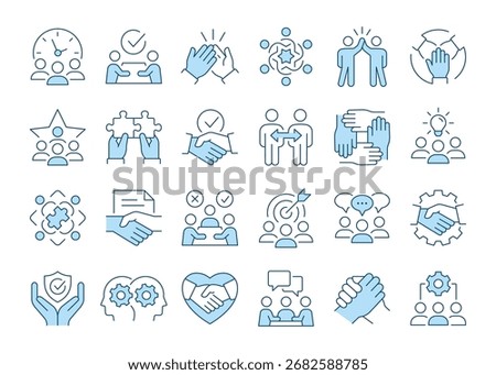 Cooperation outline icons bundle, partnership concept. Collaboration, support, teamwork, and agreement signs. Editable stroke.