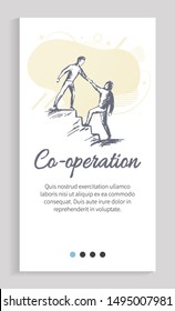 Cooperation of partners vector, workers helping in each other in hardships, businessman on steps giving hand to colleague on lower position. Website or app slider template, landing page flat style