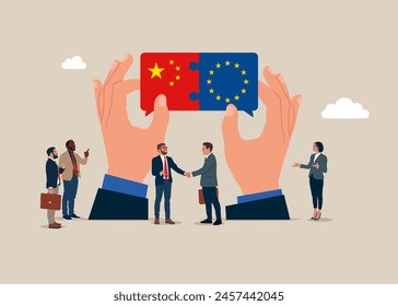 Cooperation, partnership between countries. Teamwork concept. Business team connect China and European Union flags. Vector illustration.