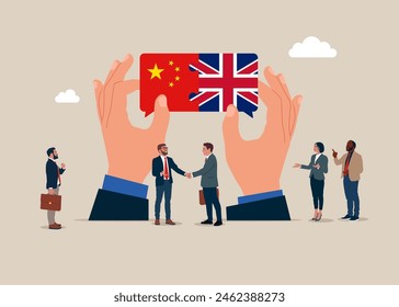 Cooperation, partnership between countries. Teamwork concept. Business team connect Great Britain and China flags. Vector illustration.