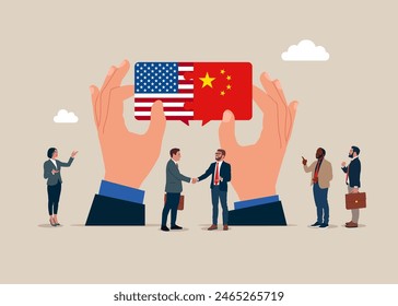 Cooperation, partnership between countries. Teamwork concept. Business team connect United State of America and China flags. Vector illustration.