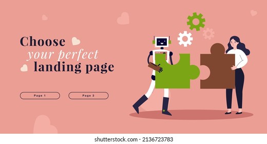 Cooperation and partnership between robot and human. Woman and machine connecting puzzle together flat vector illustration. AI, automation concept for banner, website design or landing web page
