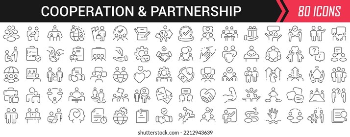 Cooperation and partnership linear icons in black. Big UI icons collection in a flat design. Thin outline signs pack. Big set of icons for design