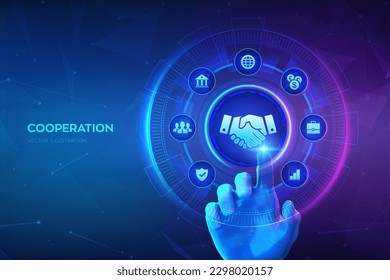 Cooperation, Partnership technology concept on virtual screen. Business partnership. Global cooperation network. Internet communication. Teamwork. Hand touching digital interface. Vector illustration.