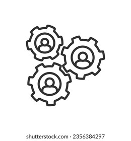 Cooperation and people interaction, linear icon, gears and people. Line with editable stroke