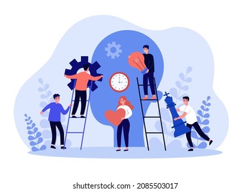 Cooperation of people on brainstorm process in abstract head. Teamwork tiny persons with information flat vector illustration. Creative strategy concept for banner, website design or landing web page