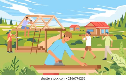 Cooperation people working together to build houses in the village, a beautiful village with a valley of green hills and blue sky.flat illustration