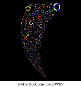 Cooperation random fireworks stream. Vector illustration style is flat bright multicolored iconic symbols on a black background. Object fountain created from scattered pictograms.