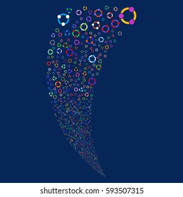 Cooperation random fireworks stream. Vector illustration style is flat bright multicolored iconic symbols on a blue background. Object fountain done from scattered pictographs.