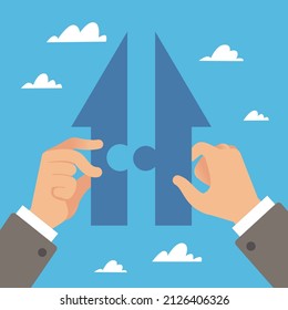 Cooperation in right direction. Hands connect puzzle in arrow form, people collaboration and business partnership, teamwork in company, successful community. Vector isolated concept