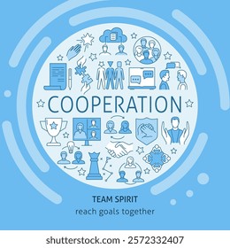 Cooperation round concept banner with text. Teamwork and support line symbols. Vector illustration.