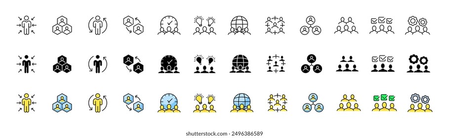 Iconos de conjunto de cooperación. Iconos de trabajo en equipo. Estilos lineales, siluetas y planos. Iconos del vector.