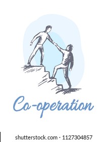 Cooperation sketch with men go up stairs together, businessmen reach goal with help of each other in tight productive collaboration vector illustration