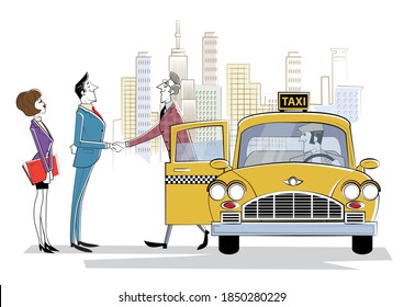 Cooperation in solutions search, Team collaboration, professional marketing research, business meeting. Meeting business partner next to taxi car. Business trend, design thinking, business opportunity