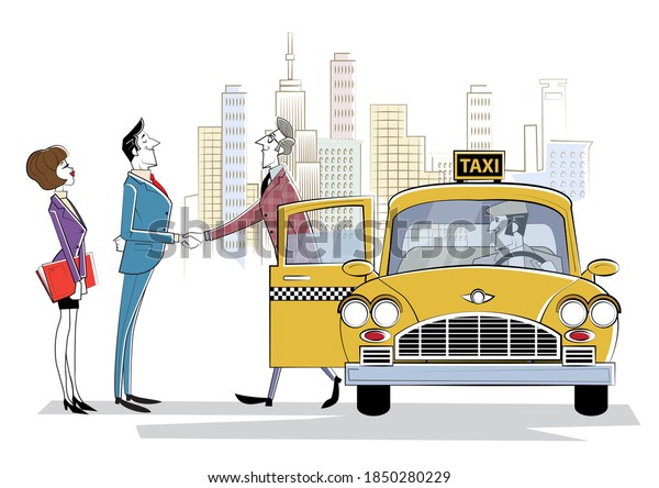 Cooperation in solutions search, Team\
collaboration, professional marketing research, business meeting.\
Meeting business partner next to taxi car. Business trend, design\
thinking, business\
opportunity