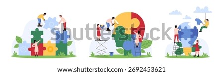 Cooperation in solving problem of personality and idea development set. Tiny team of people connect puzzle pieces to light bulb and human head together, build partnership cartoon vector illustration