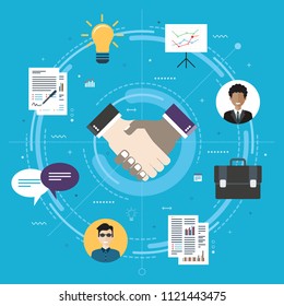 Cooperation Strategy And Handshake In Contract Agreement Signature. Negotiation, Teamwork And Collaboration In Business .Internet Website Banner Concept With Icons In Flat Design Vector Illustration.