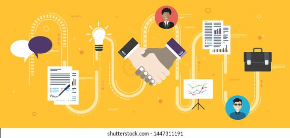 Cooperation strategy and handshake in contract agreement signature. Negotiation, teamwork and collaboration in business .Internet website banner concept with icons in flat design vector illustration.