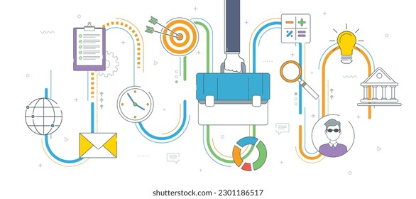 Cooperation strategy,business vision and leadership. Businessman hand holding a briefcase. Target, briefcase, bank, office, calculator, worldmap and business icons. Thin line flat vector illustration.