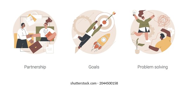 Cooperation and teamwork abstract concept vector illustration set. Partnership and goals, problem solving, business partner, strategic planning, decision making and mission setting abstract metaphor.