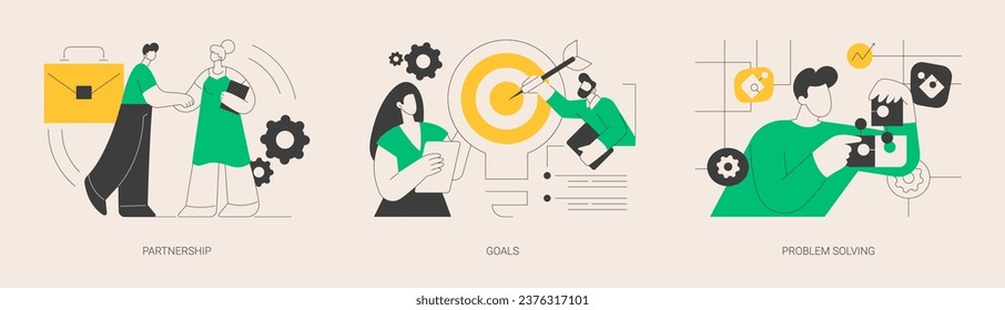 Cooperation and teamwork abstract concept vector illustration set. Partnership and goals, problem solving, business partner, strategic planning, decision making and mission setting abstract metaphor.