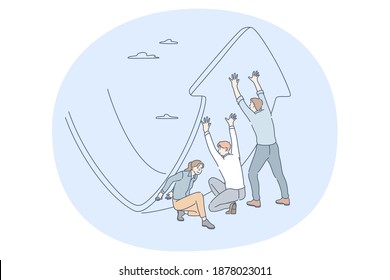 Cooperation, Teamwork, Business Partnership Concept. Young Business People Office Workers Partners Cartoon Characters Pushing Up Giant Arrow Symbol Of Development Together 